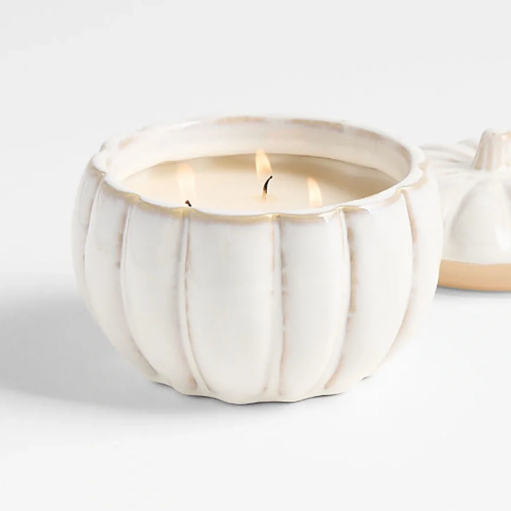 New! Crate&Barrel White Ceramic Pumpkin Jar 3-Wicks Candle